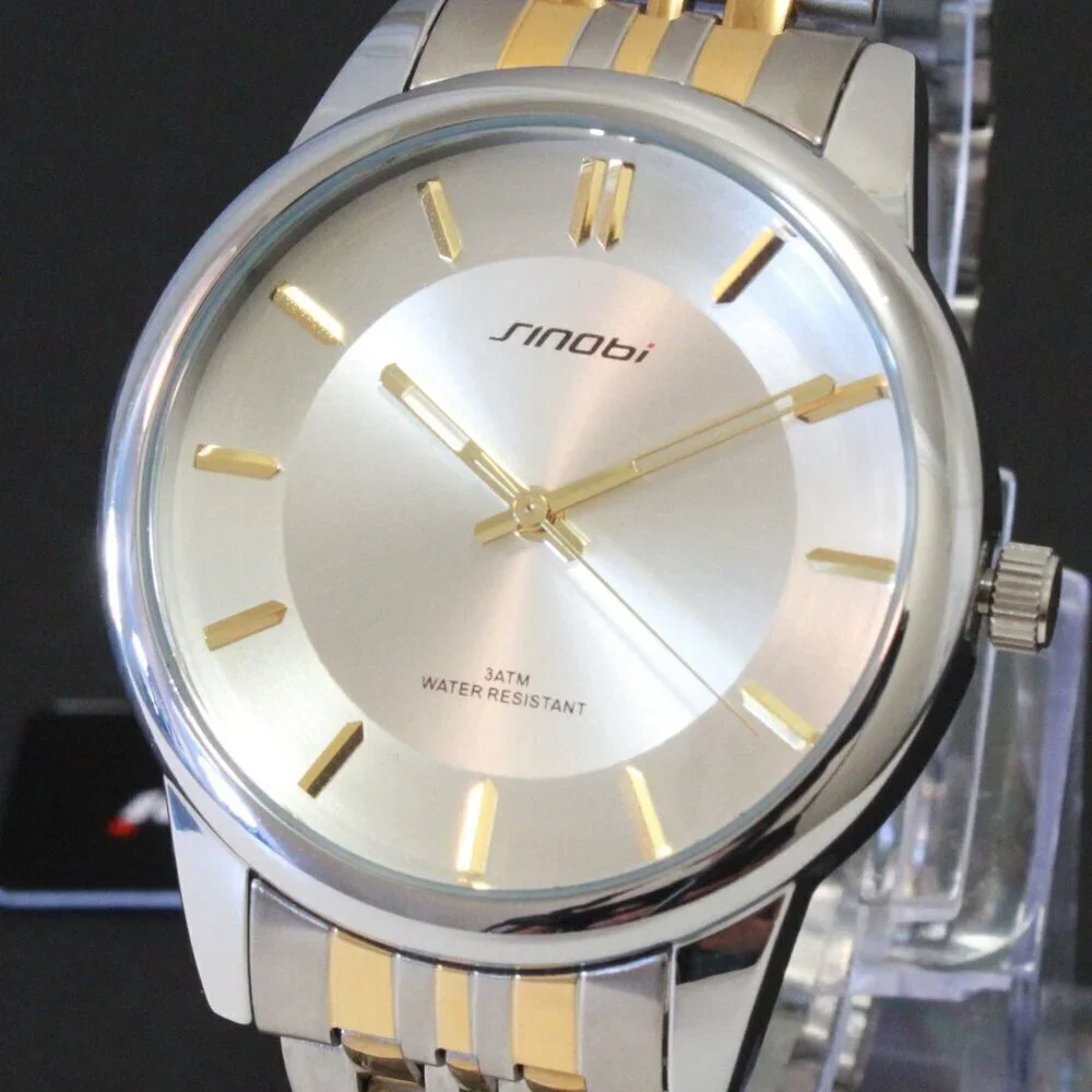 Men's Casual Watch Two Tone Silver Sunburst Dial Gold Hands, Indices 38mm